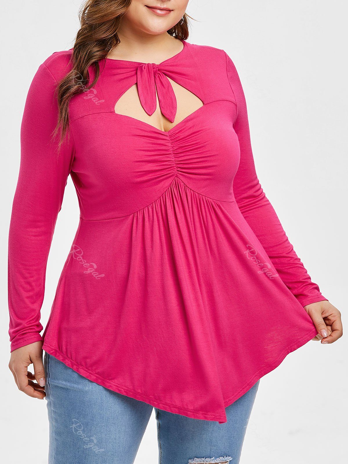 

Plus Size Front Tie Draped High Low Tunic T-shirt, Rose red