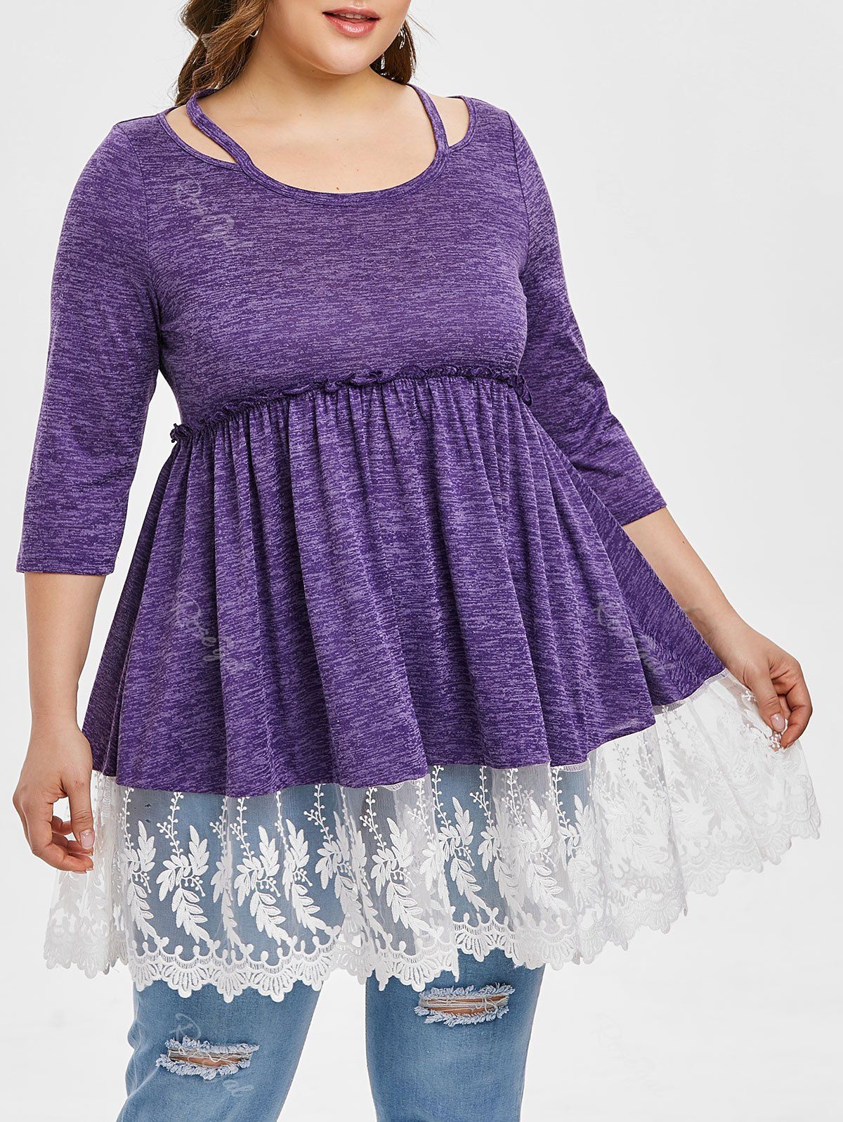 

Cut Out Lace Trim Space Dyed Plus Size T-shirt, Purple iris