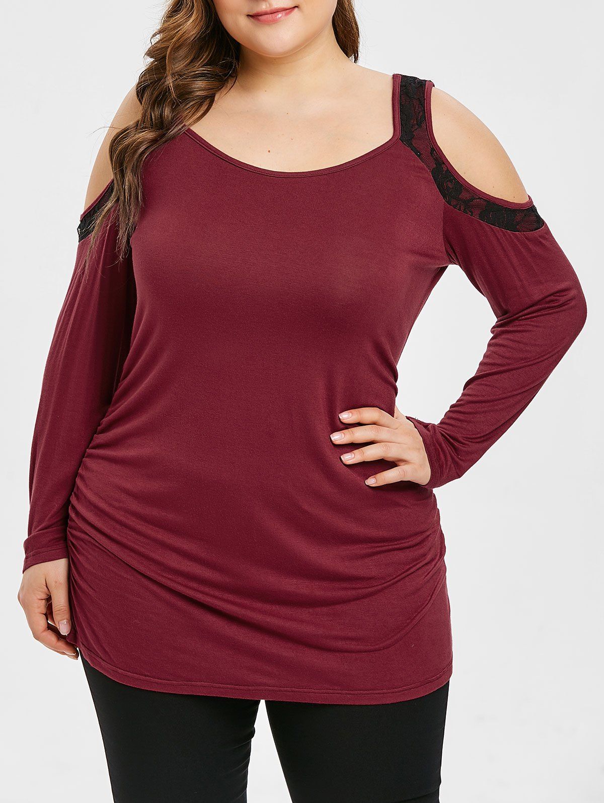 

Open Shoulder Lace Trim Ruched Plus Size T-shirt, Red wine
