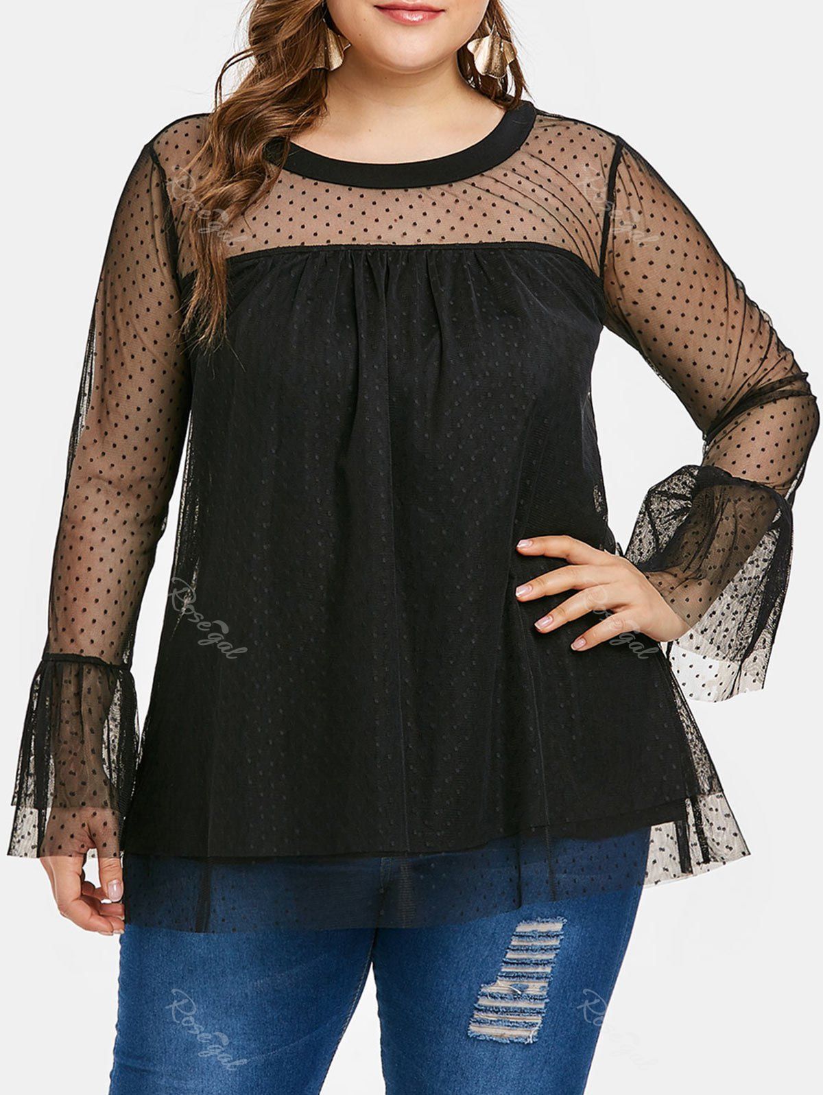

Plus Size Sheer Flare Sleeve Mesh Blouse, Black