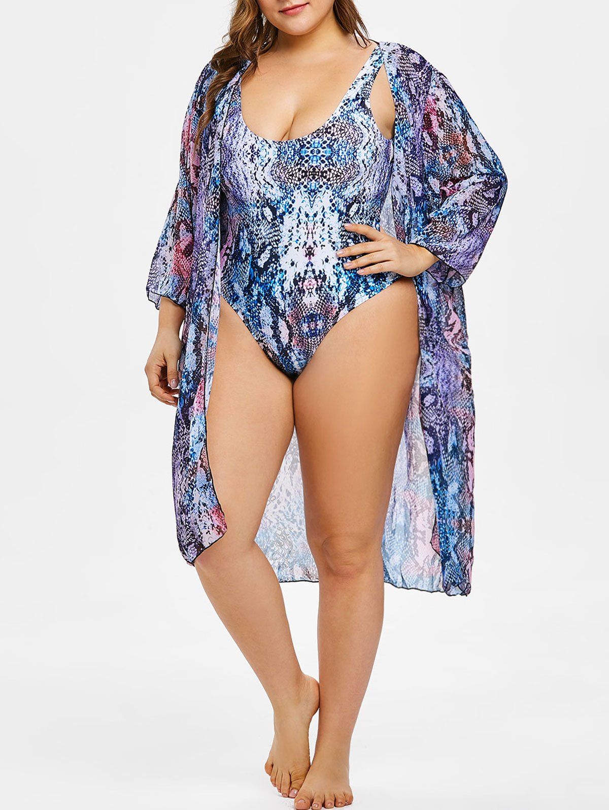 

Collarless Plus Size Snakeskin Print Cover Up, Blue