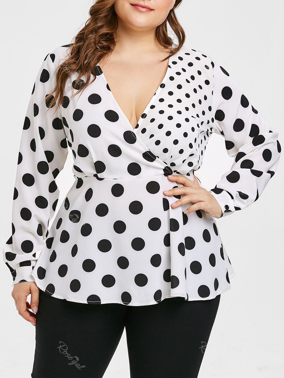 

Plus Size Polka Dot Plunging Surplice Top, White