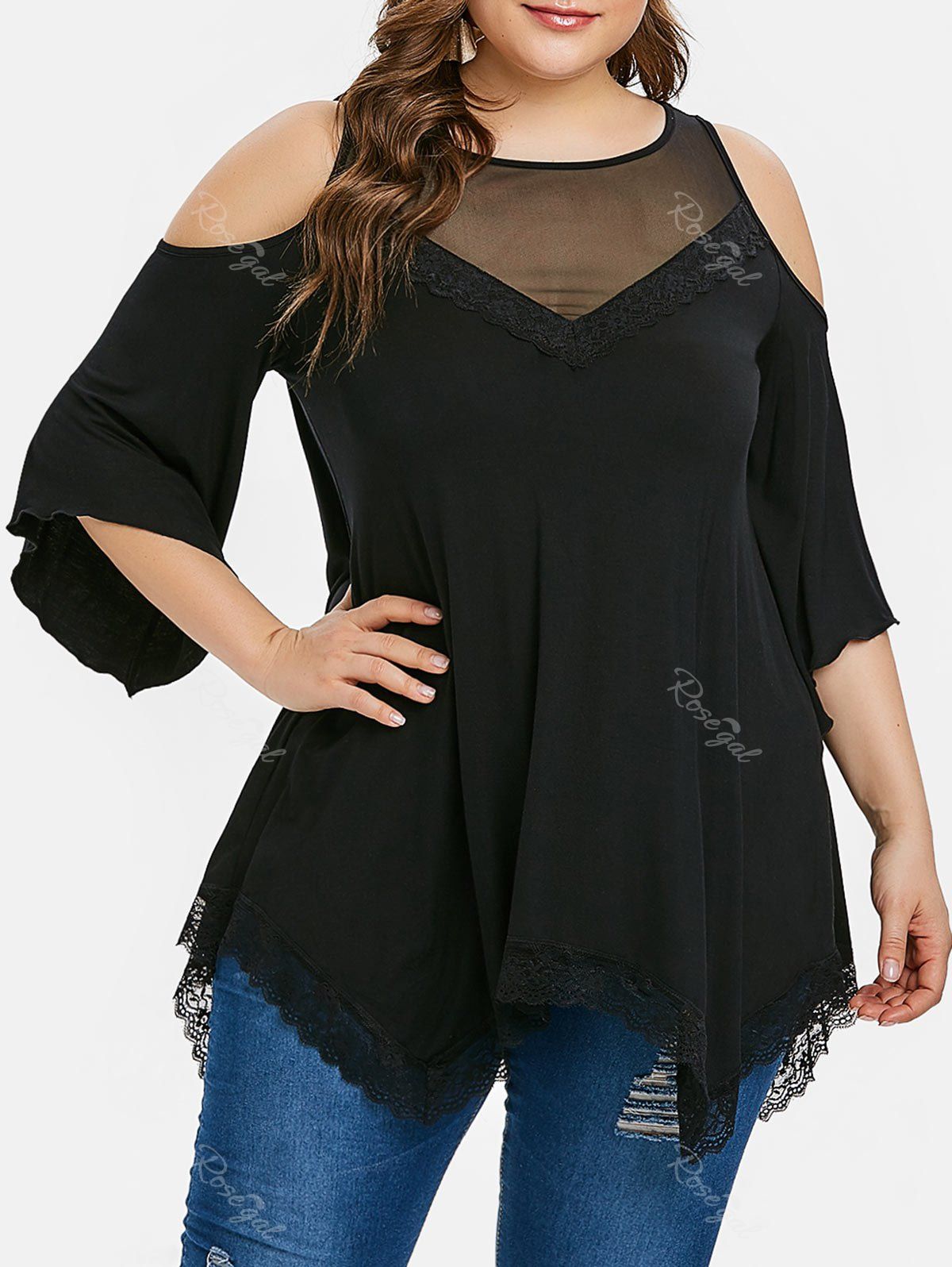 

Plus Size Mesh Panel Lace Hem Cold Shoulder Handkerchief Blouse, Black