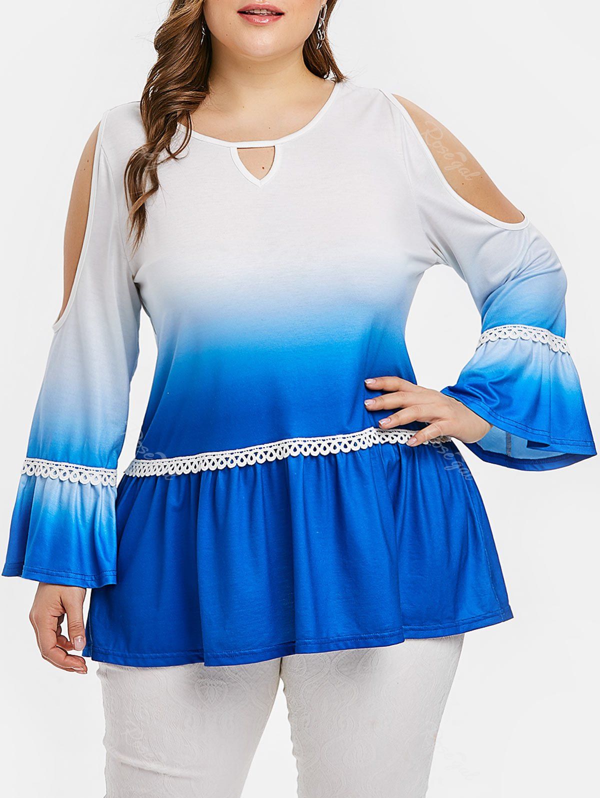 

Plus Size Cold Shoulder Ombre Bell Sleeve Keyhole T-shirt, Ocean blue