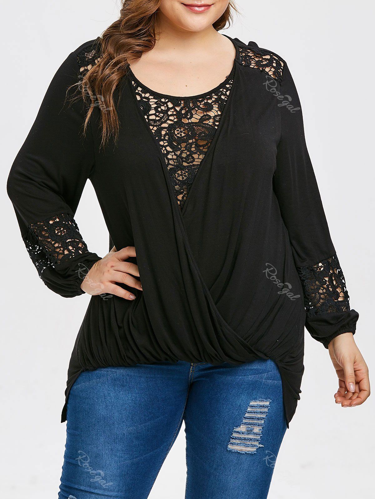 

Plus Size Hollow Out Lace Insert Wrap T-shirt, Black
