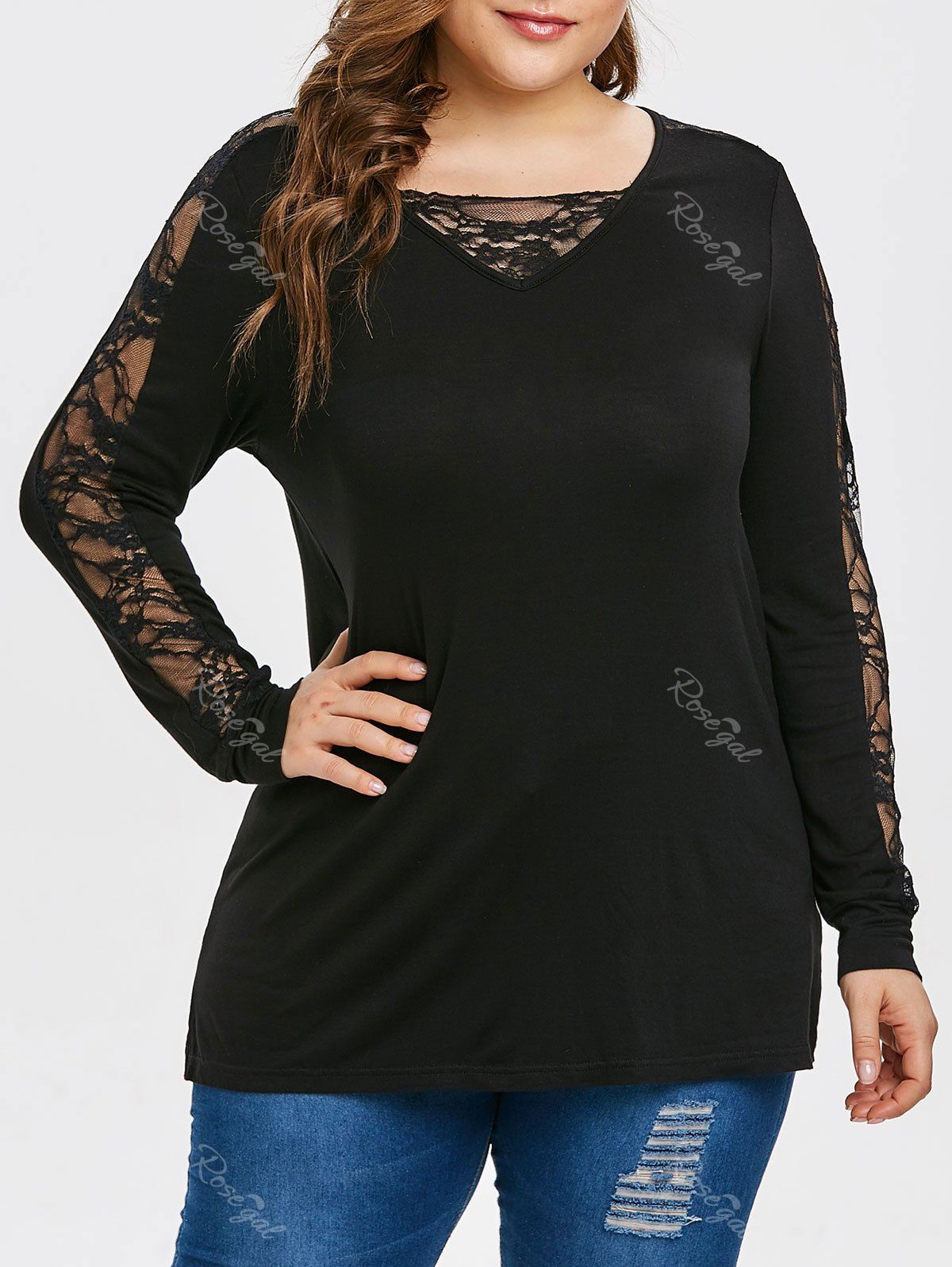 

Plus Size Sheer Lace Insert Side Split T-shirt, Black