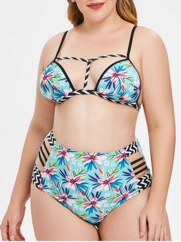 Plus Size Floral Print Spaghetti Strap Bikini Set - CELESTE - 2X