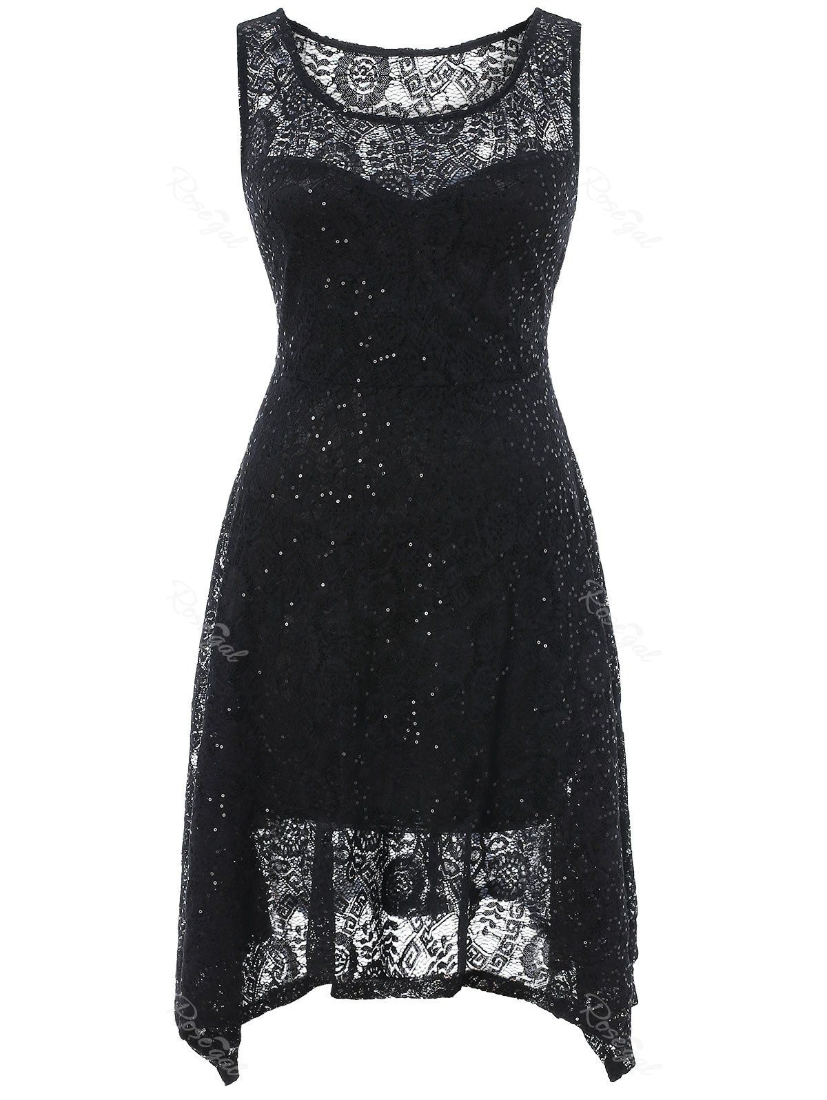 

Plus Size Asymmetric Glitter Lace Dress, Black