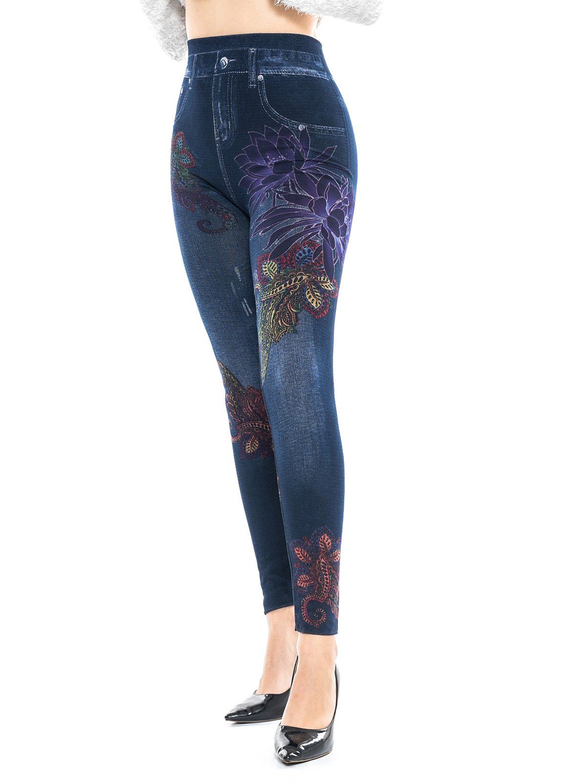 

High Waist Floral Graphic Faux Jean Pants, Denim dark blue