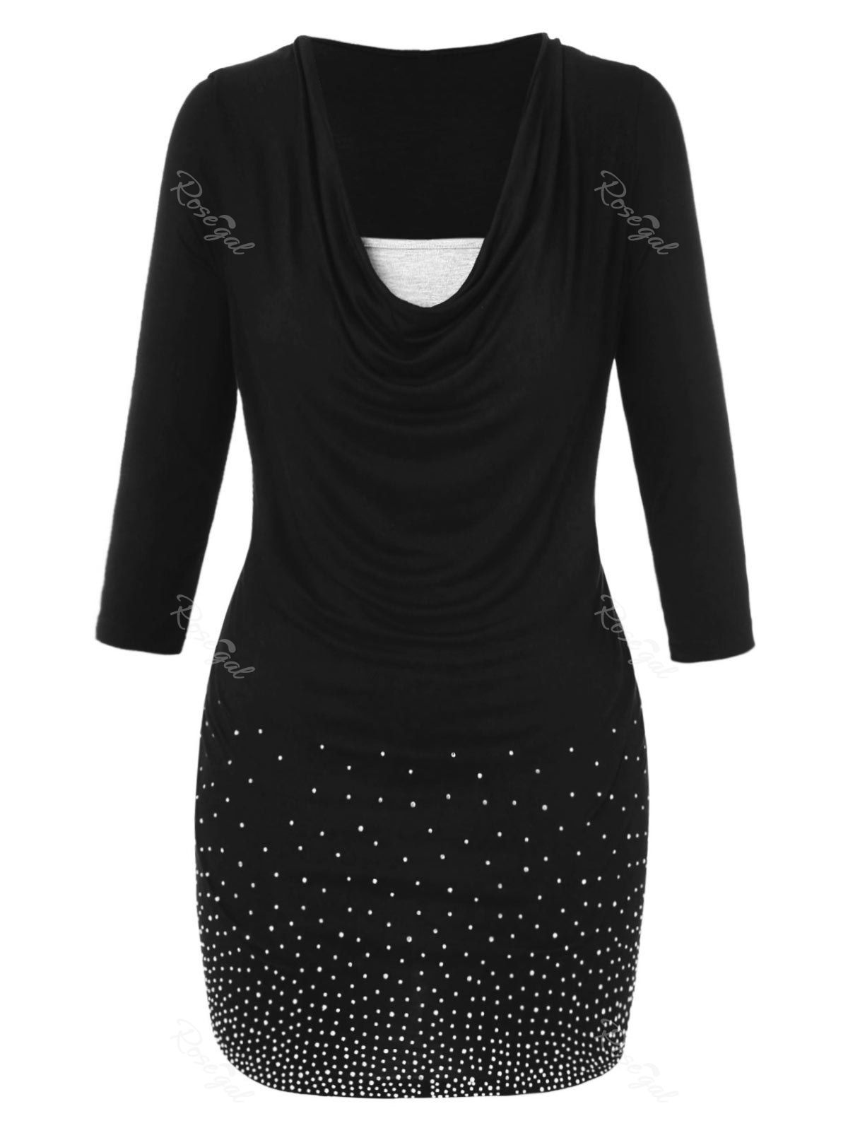 

Plus Size Heaps Collar Rhinestone Embellished T-shirt, Black