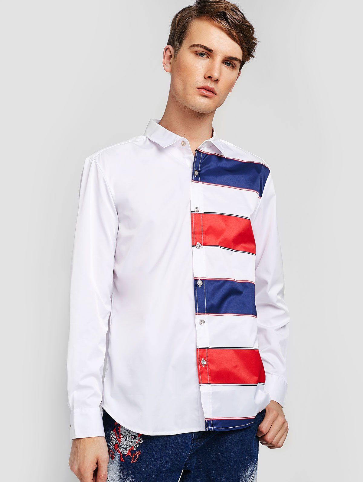 

ZAFUL Color Block Stripes Print Button Up Shirt, White