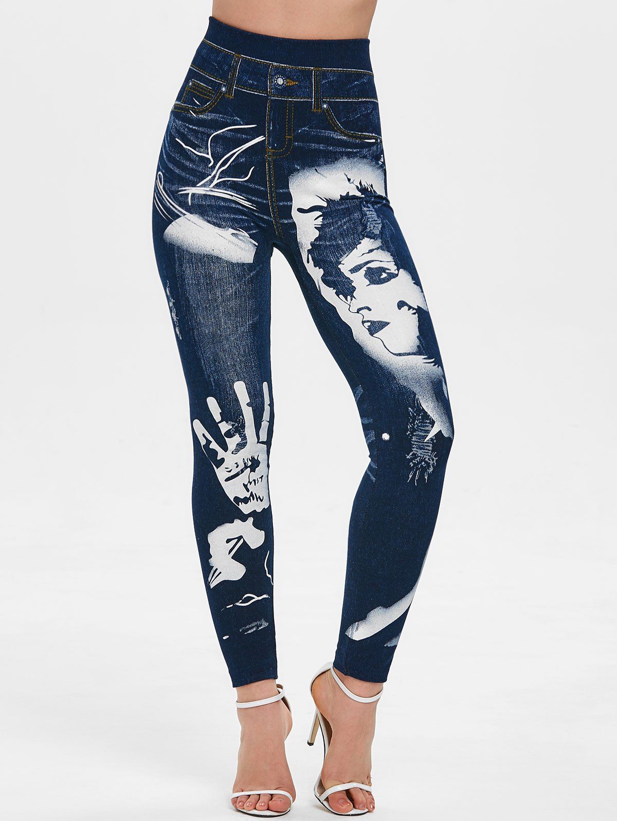 

High Waist Skinny Printed Pants, Denim dark blue