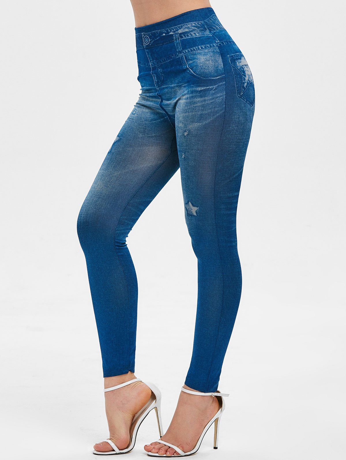 

Stars Print Skinny Pants, Silk blue