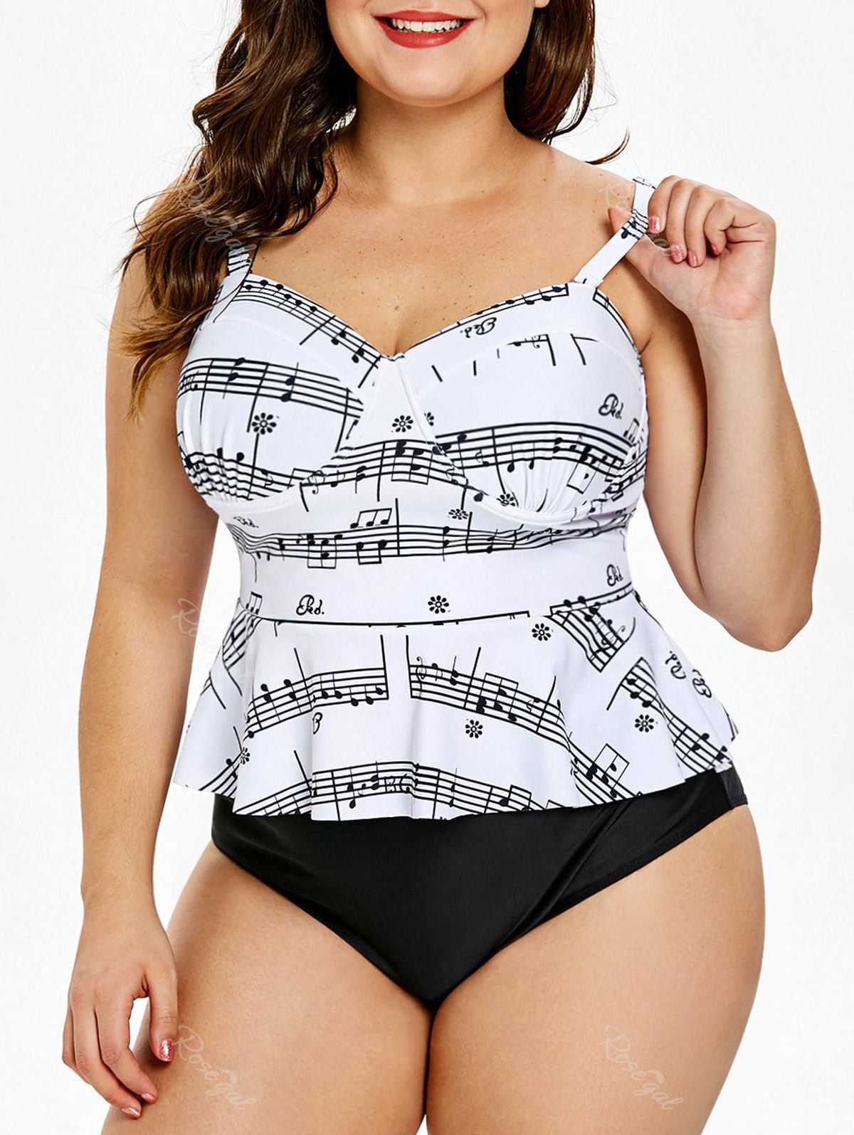 

Plus Size Music Note Print Peplum Tankini Set, Multi