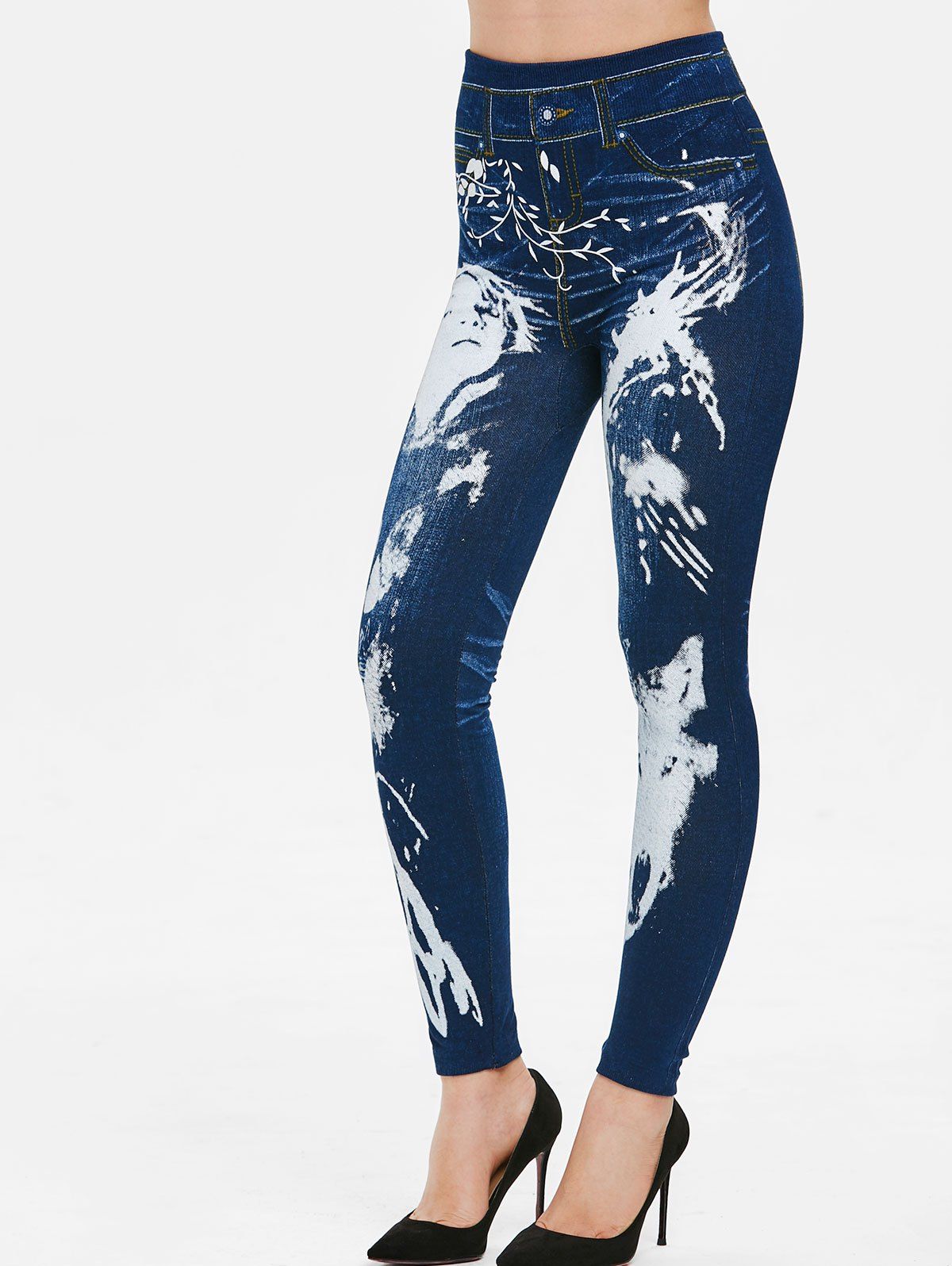 

Wolf Print High Waist Skinny Pants, Denim dark blue