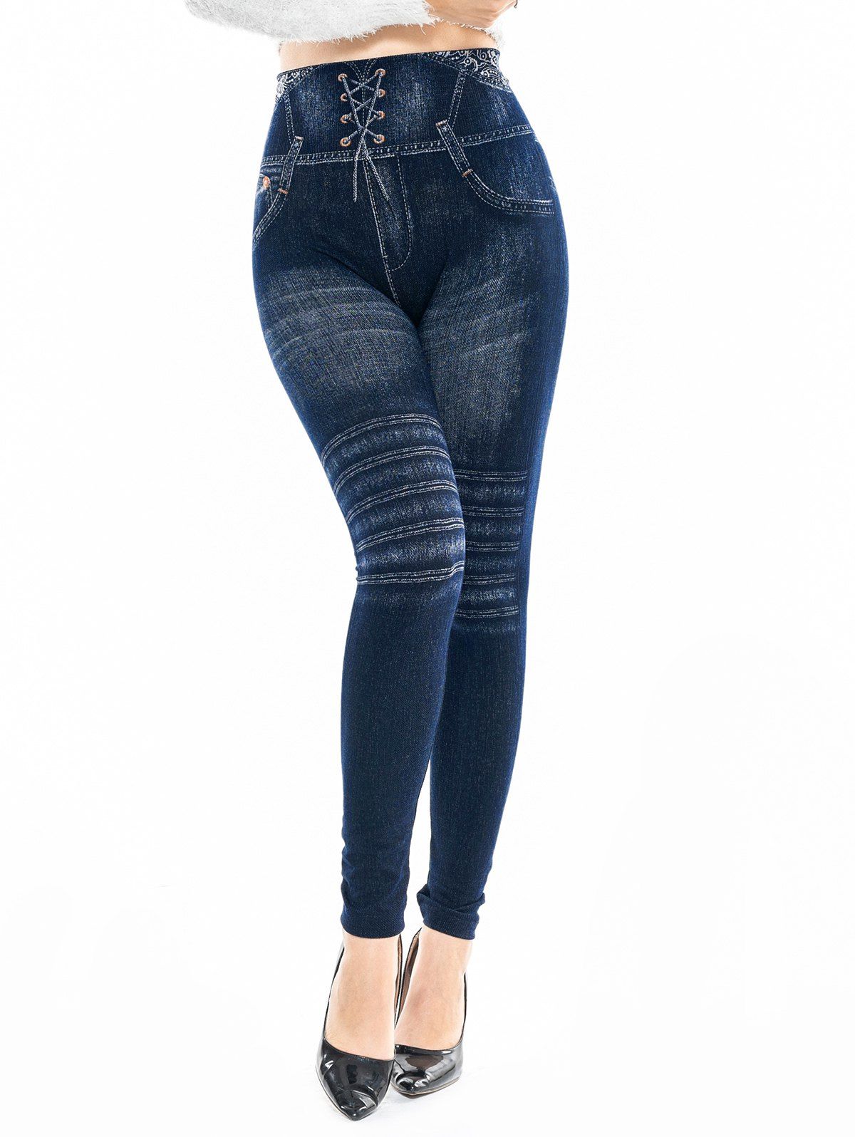 High Waist Graphic Skinny Pants, Dark slate blue
