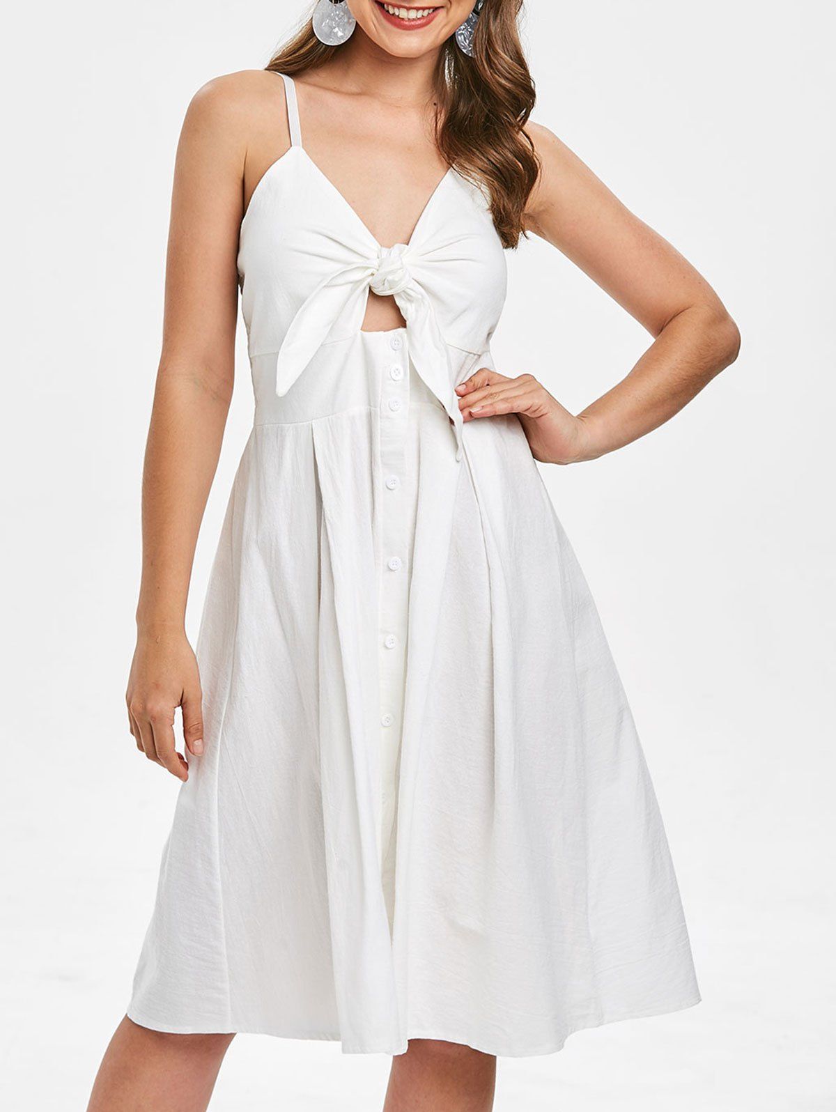 

Smocked Tie Front Buttoned Dress, White