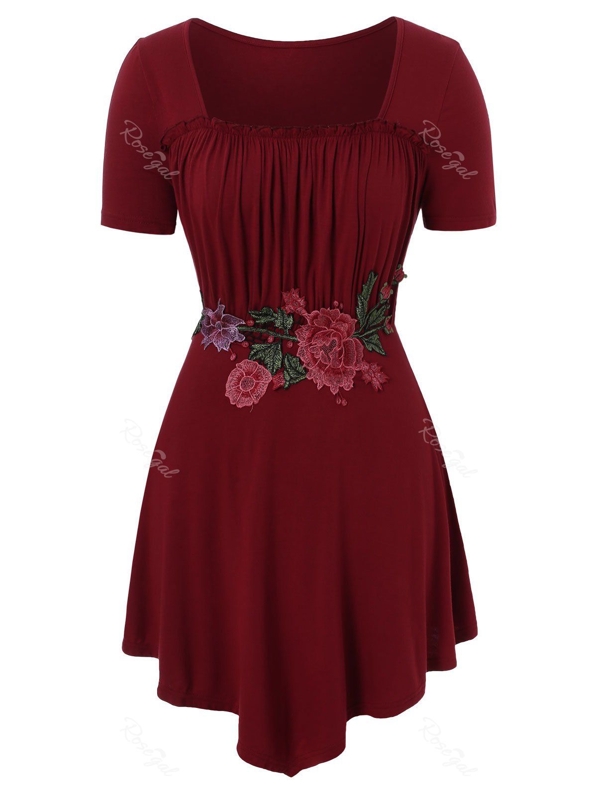 

Floral Embroidery Plus Size Square Neck T-shirt, Red wine