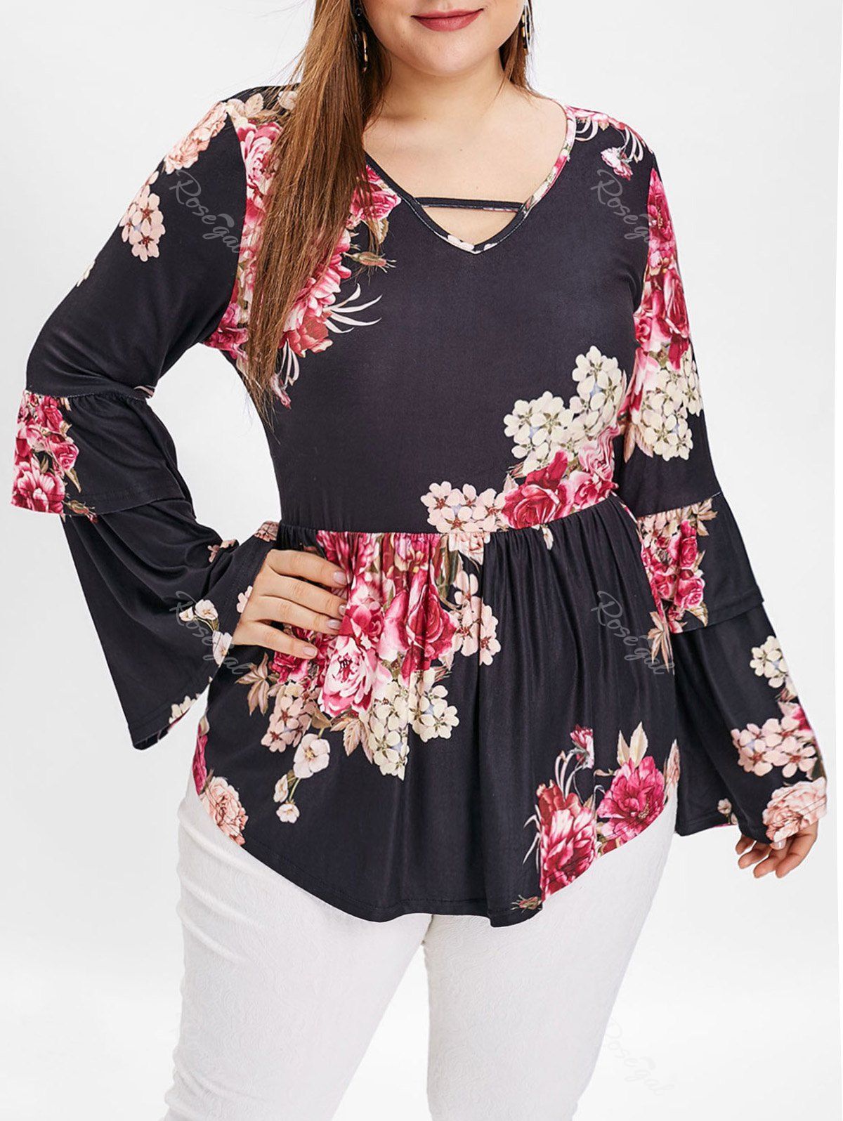 

Cut Out Plus Size Floral Print T-shirt, Black