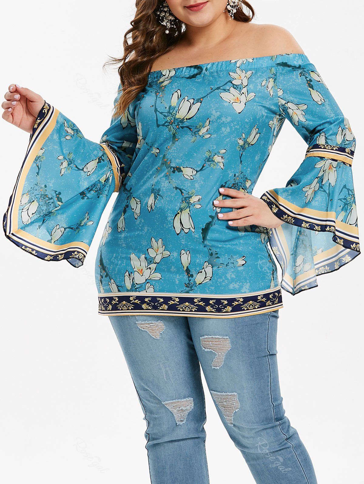 

Off The Shoulder Floral Print Plus Size Blouse, Blue ivy