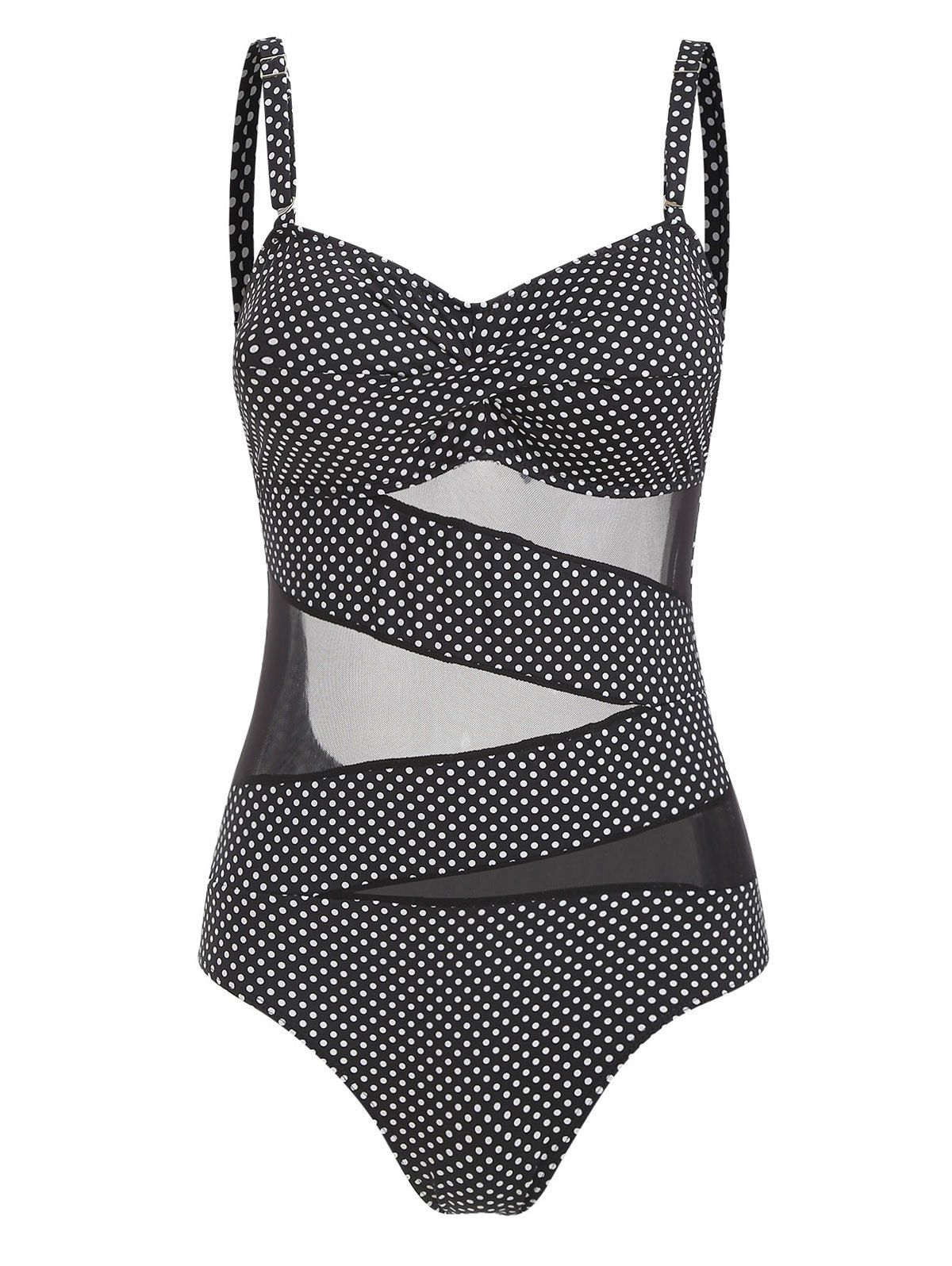 

Polka Dot Mesh Panel Swimsuit, Black