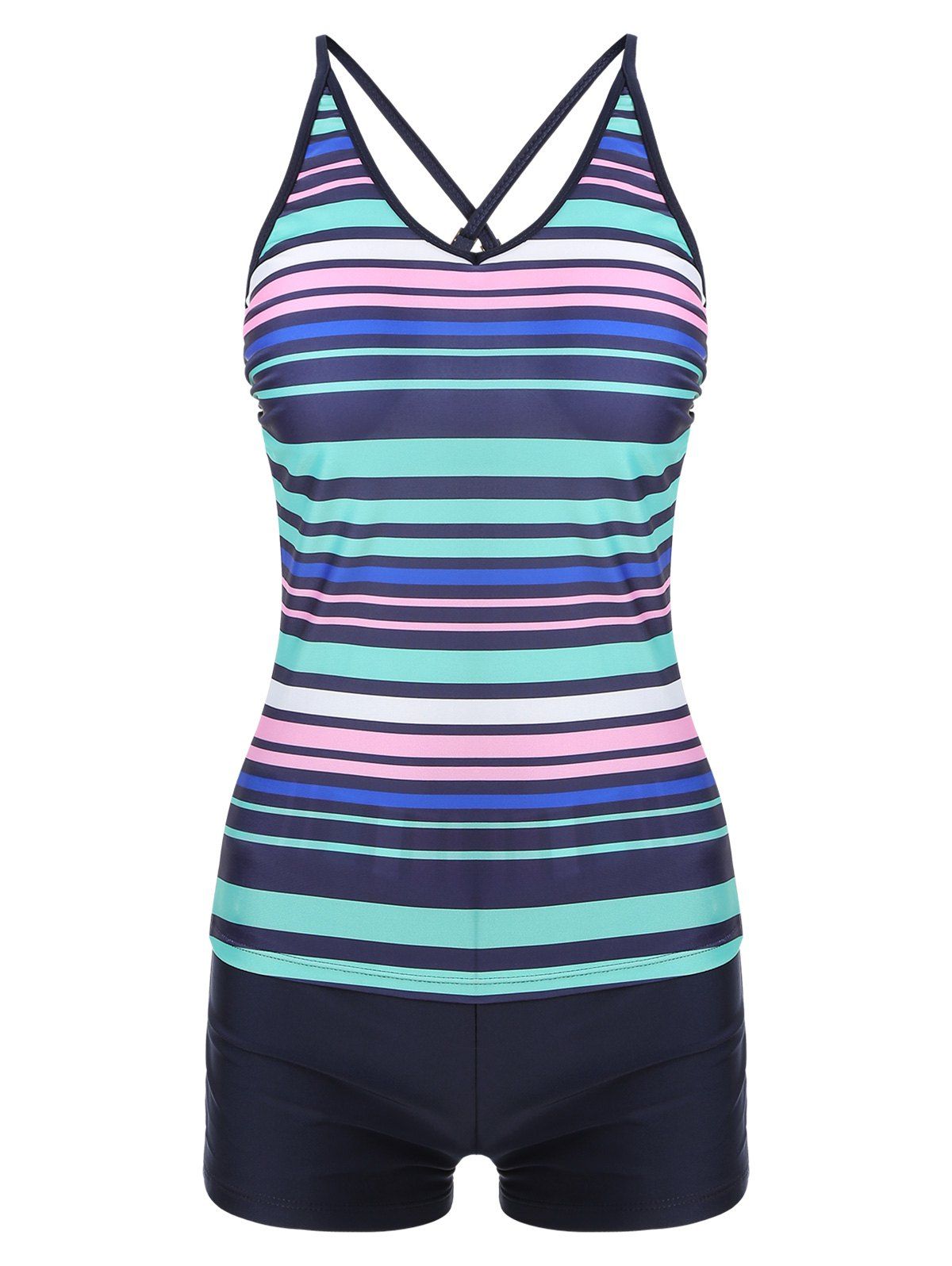 

Colorful Striped Cami Tankini Set, Blueberry blue