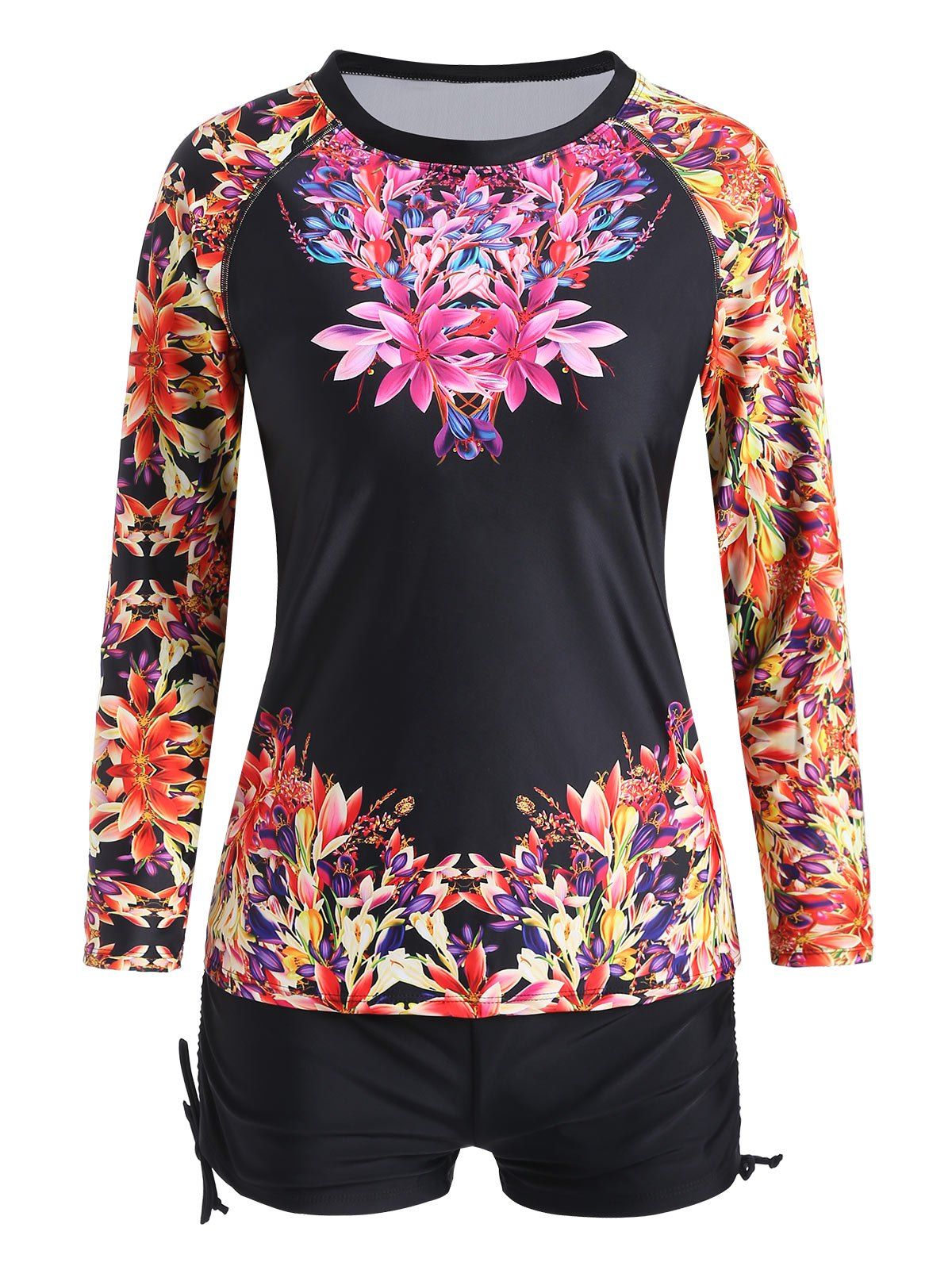 

Flower Drawstring Surf Bathing Suit, Black