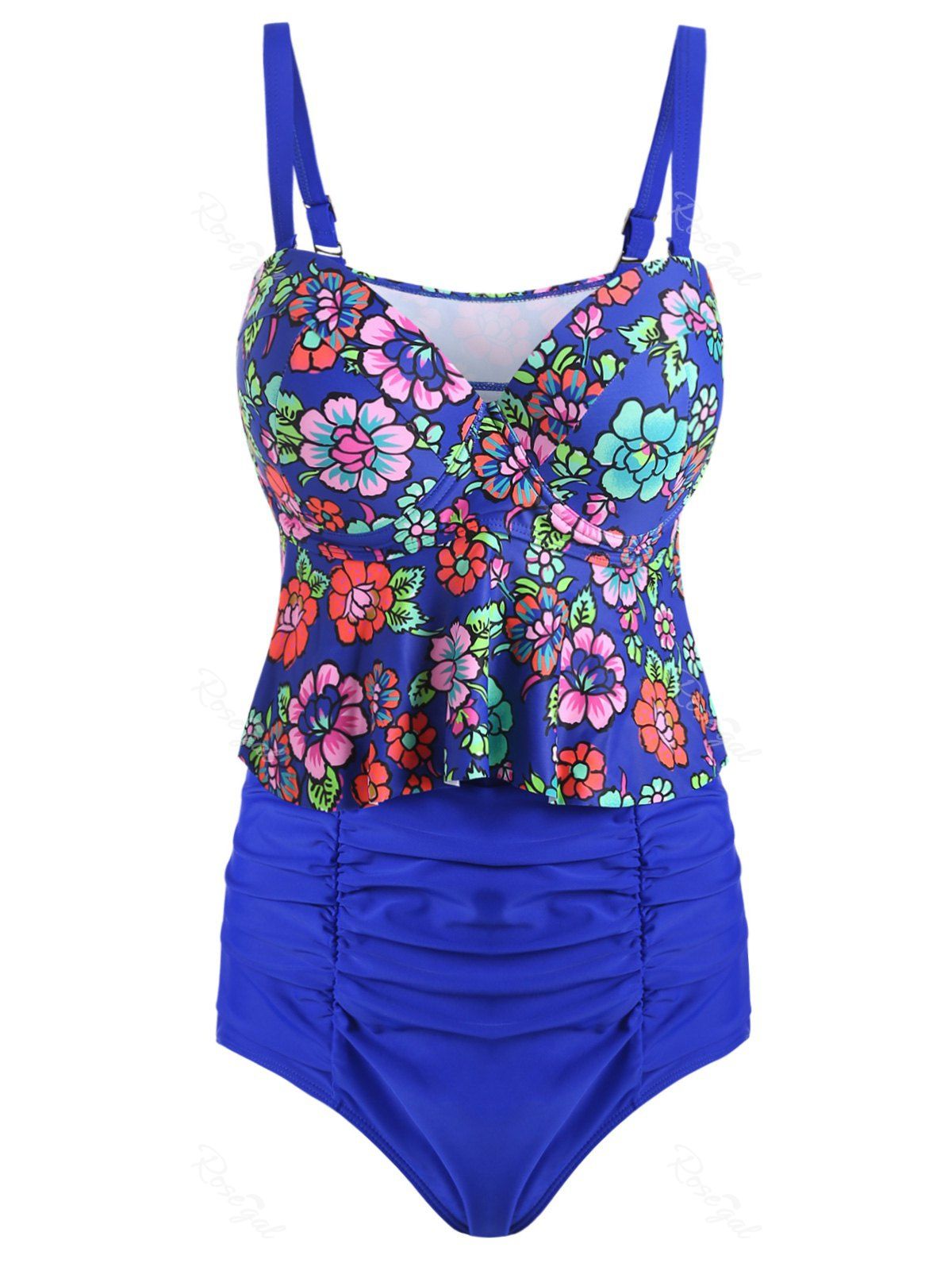 

Floral Plus Size Ruched Peplum Tankini Set, Blue