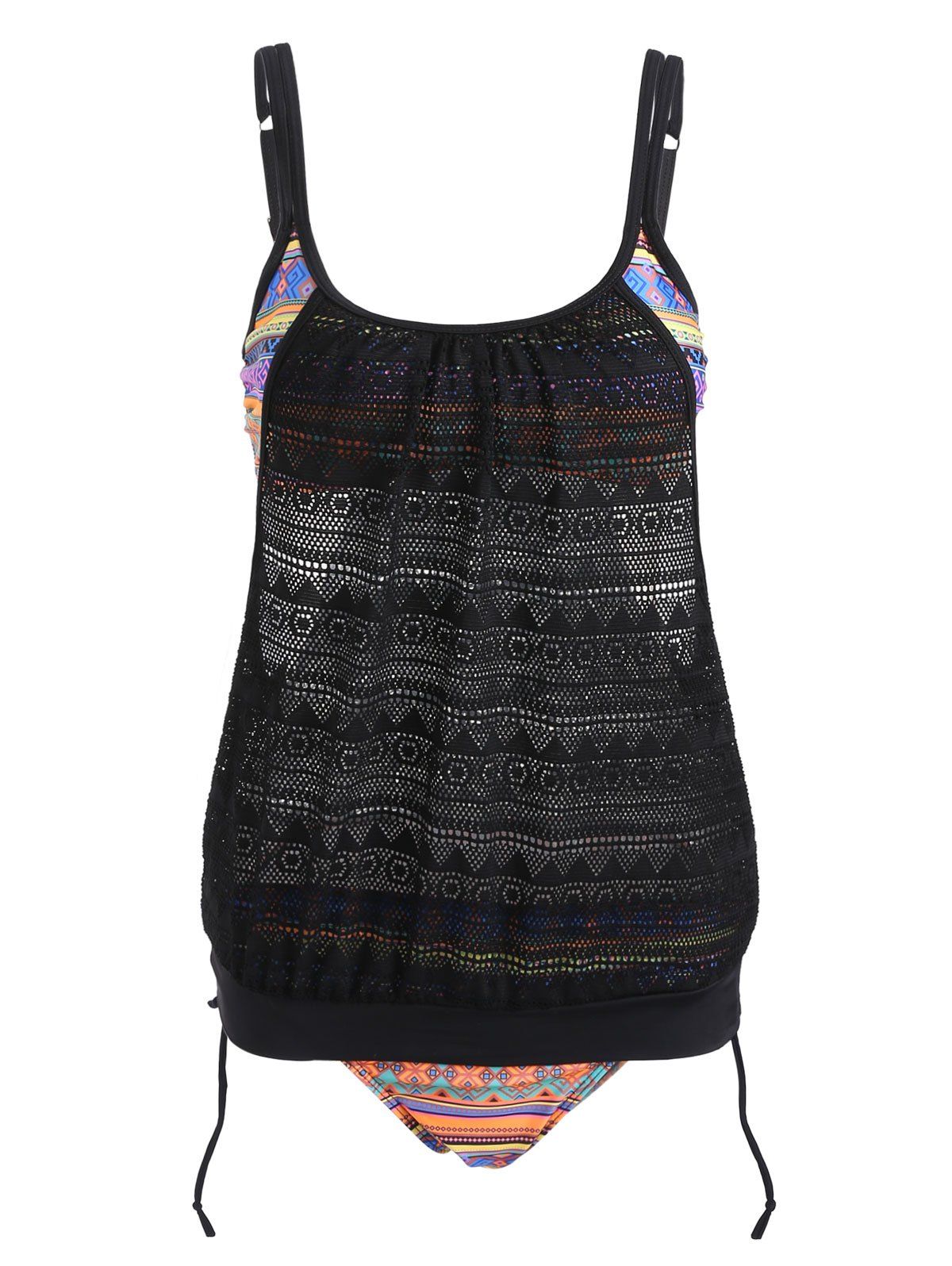 Geometric Padded Layered Style Tankini Set, Black