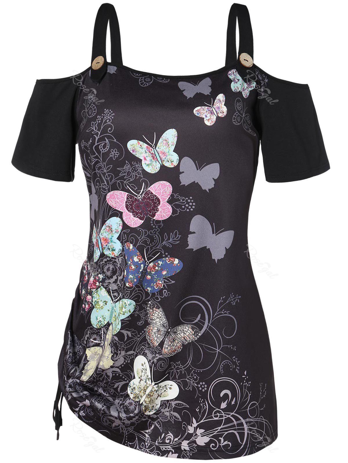 

Plus Size Cold Shoulder Short Sleeves Butterfly Print Strap Drawstring Tee, Black