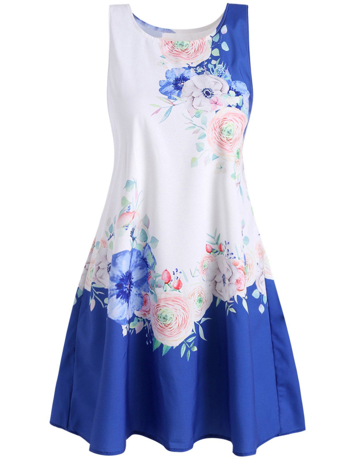 

Round Neck Floral Print Sleeveless Dress, White