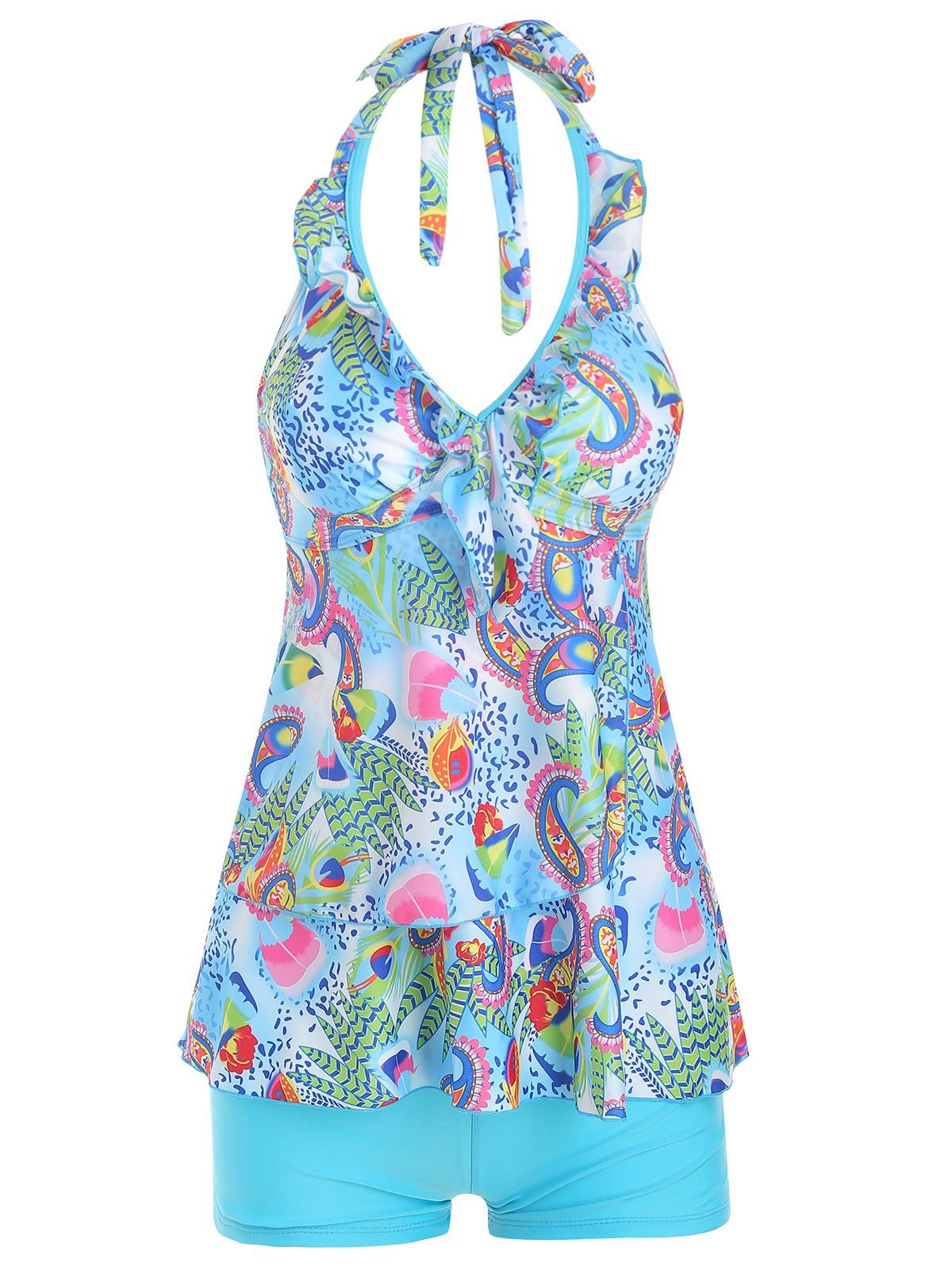 

Halter Paisley Printed Tankini Set, Deep sky blue