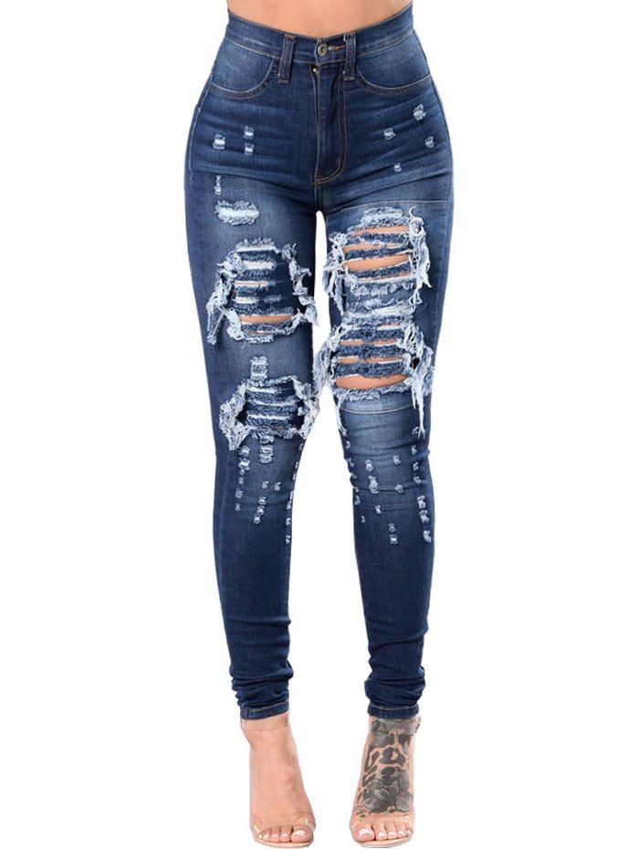 

High Rise Skinny Ripped Destroyed Jeans, Blue