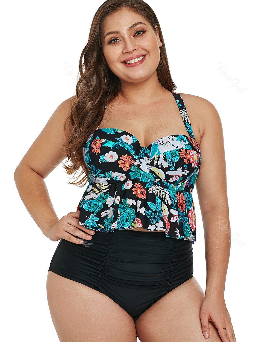 

Floral Print Plus Size Underwire Tankini Set, Multi-a