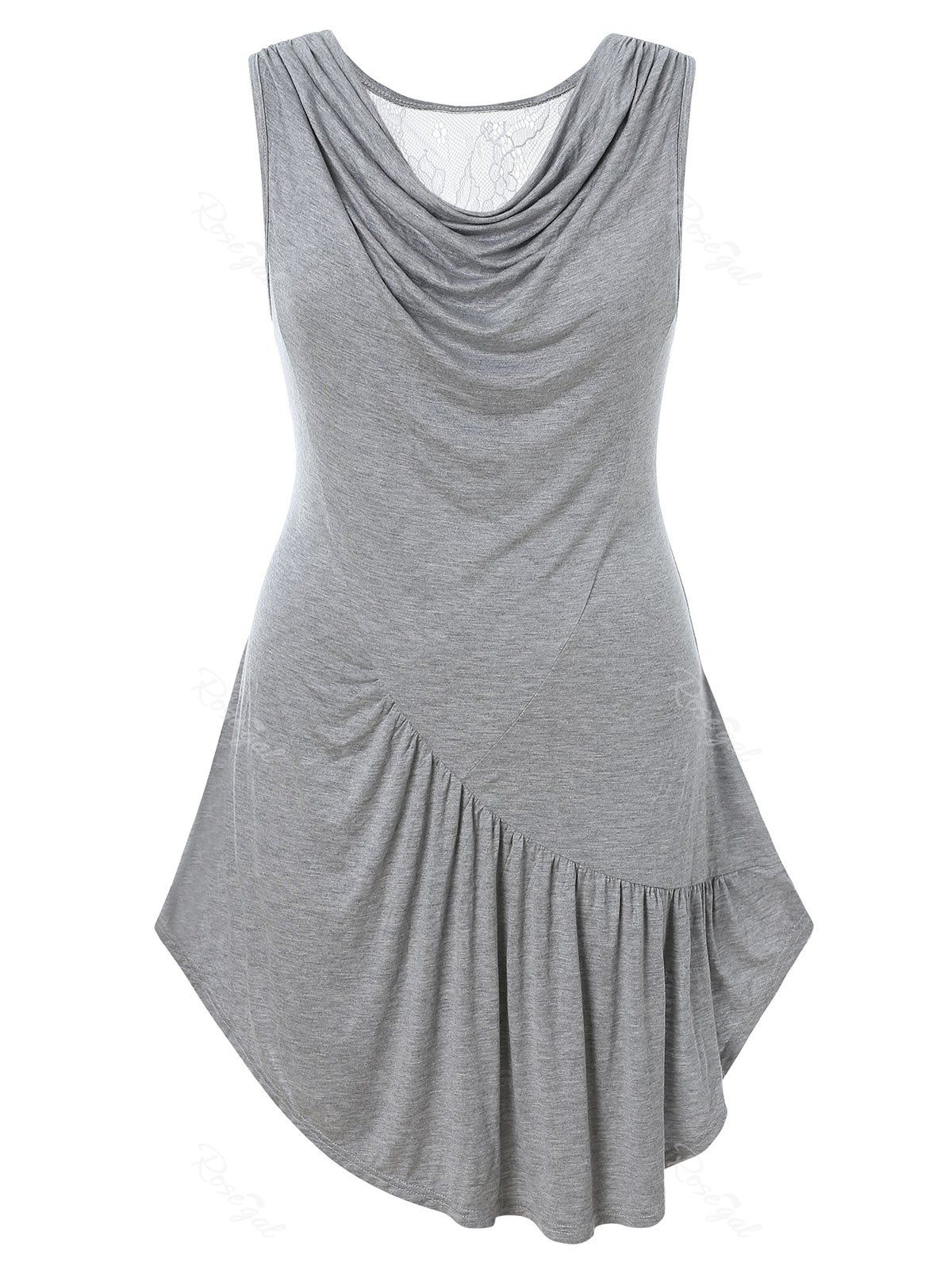 

Plus Size Cowl Collar Asymmetrical Lace Panel Tank Top, Light gray