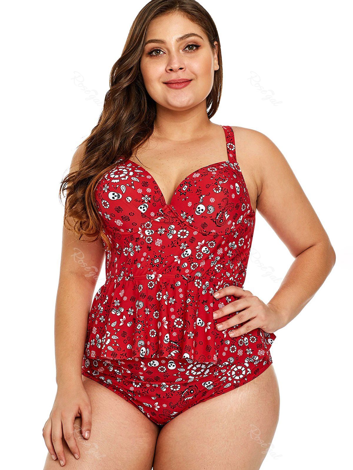 

Back Criss Cross Plus Size Skull Print Tankini Set, Lava red