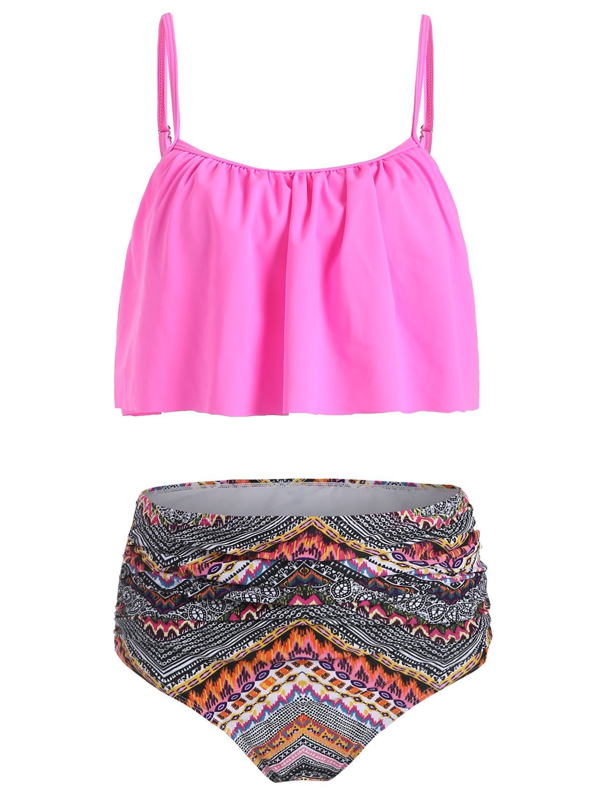 

Ruffled Tribal Print Tankini Set, Rose red