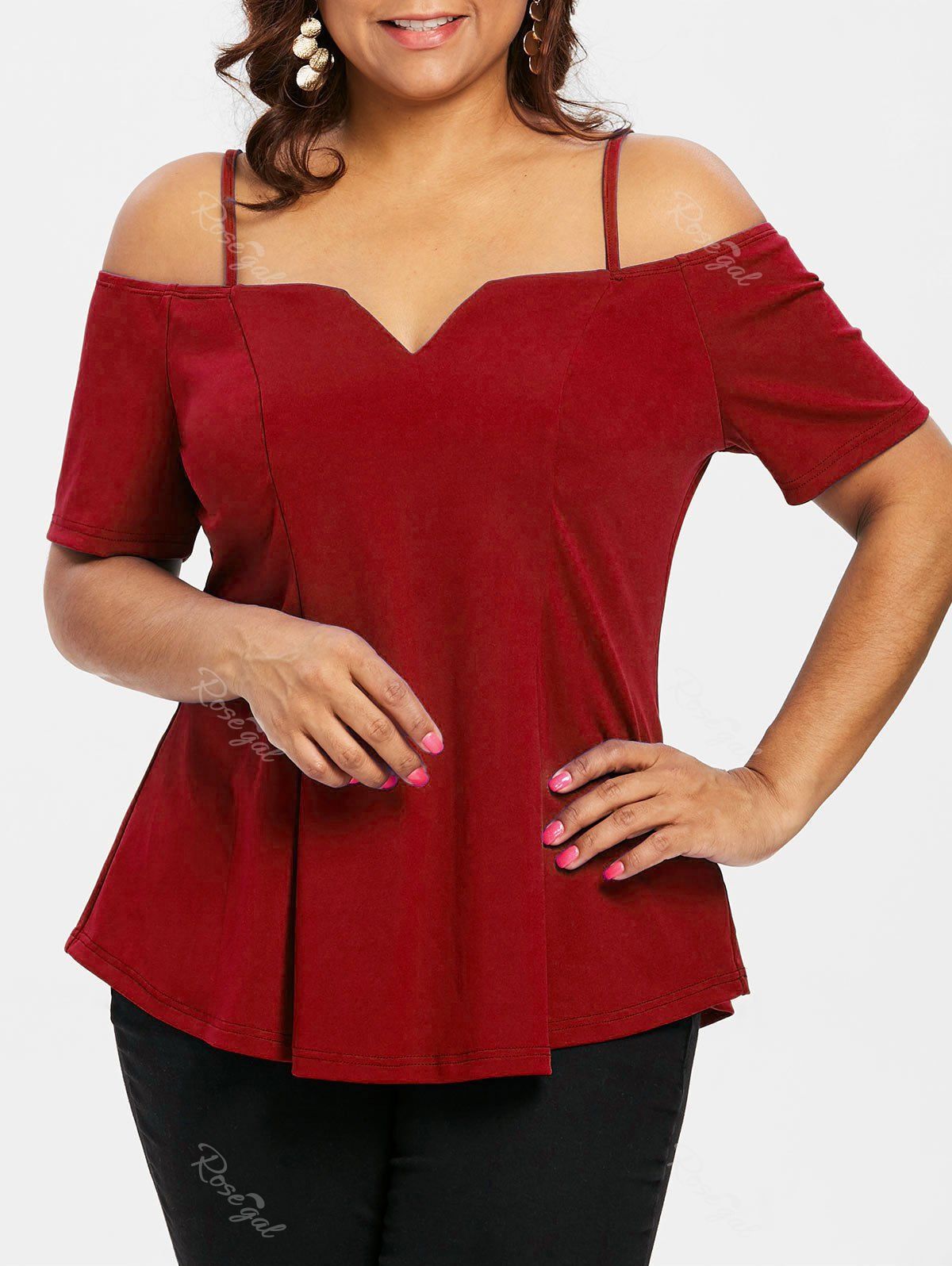 

Plus Size Cold Shoulder T-shirt, Red wine