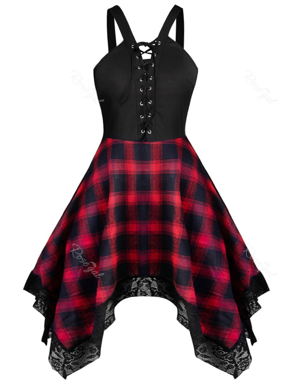 

Lace Hemline Plus Size Plaid Print A Line Dress, Red