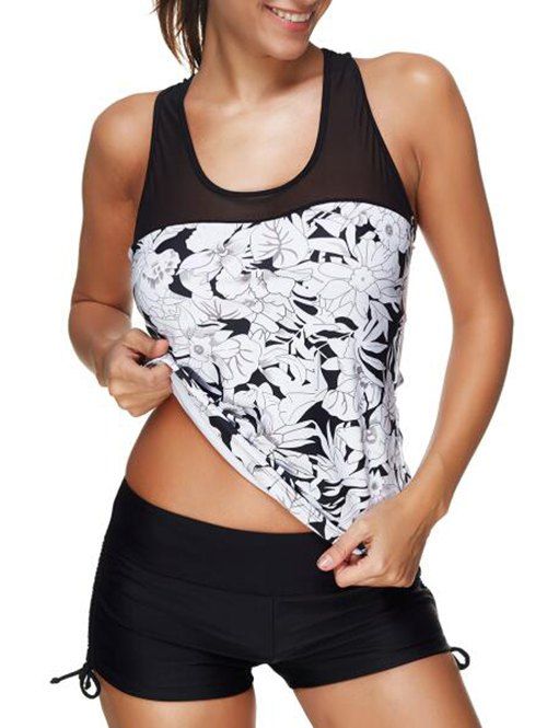 

U Neck Floral Print Mesh Panel Tankini Set, Black
