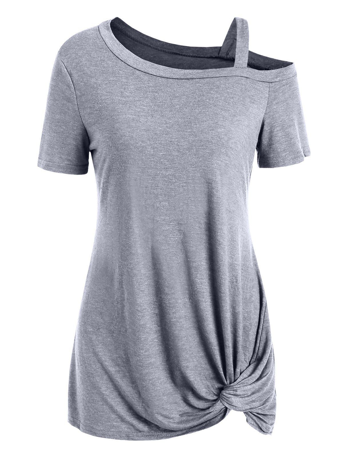 

Knotted Skew Neck Short Sleeve Tee, Gray