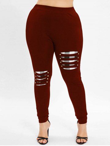 

Ripped Plus Size Plaid Panel Leggings, Red wine