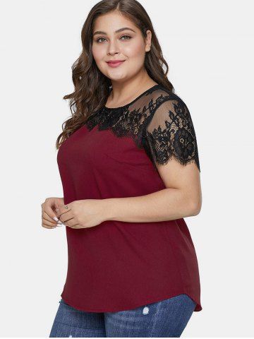 

Eyelash Lace Plus Size Round Neck Blouse, Red wine