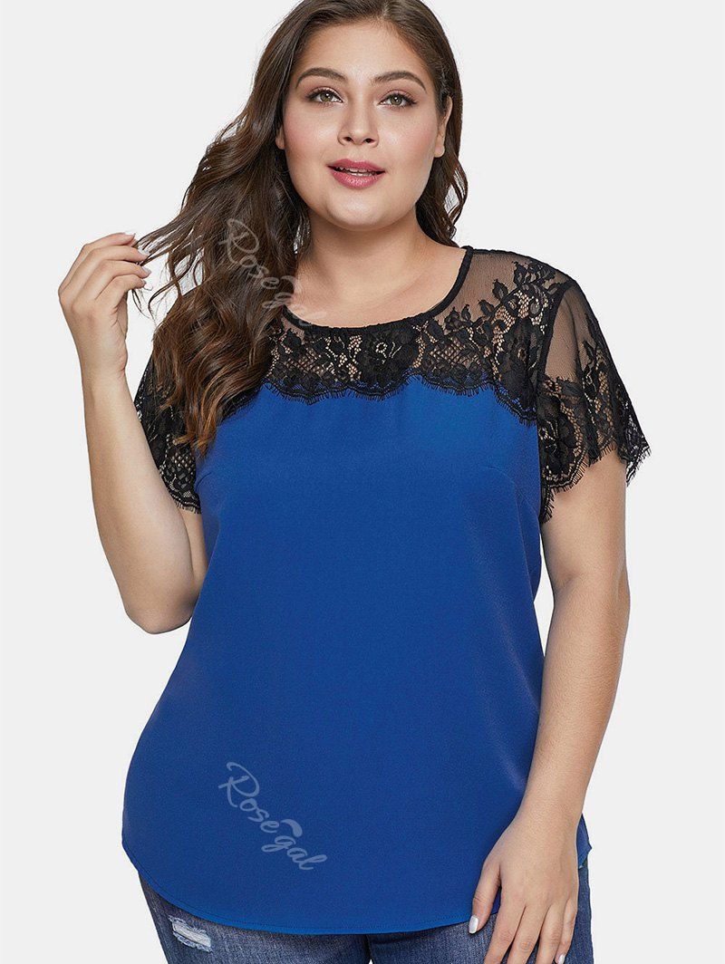 

Eyelash Lace Plus Size Round Neck Blouse, Blue