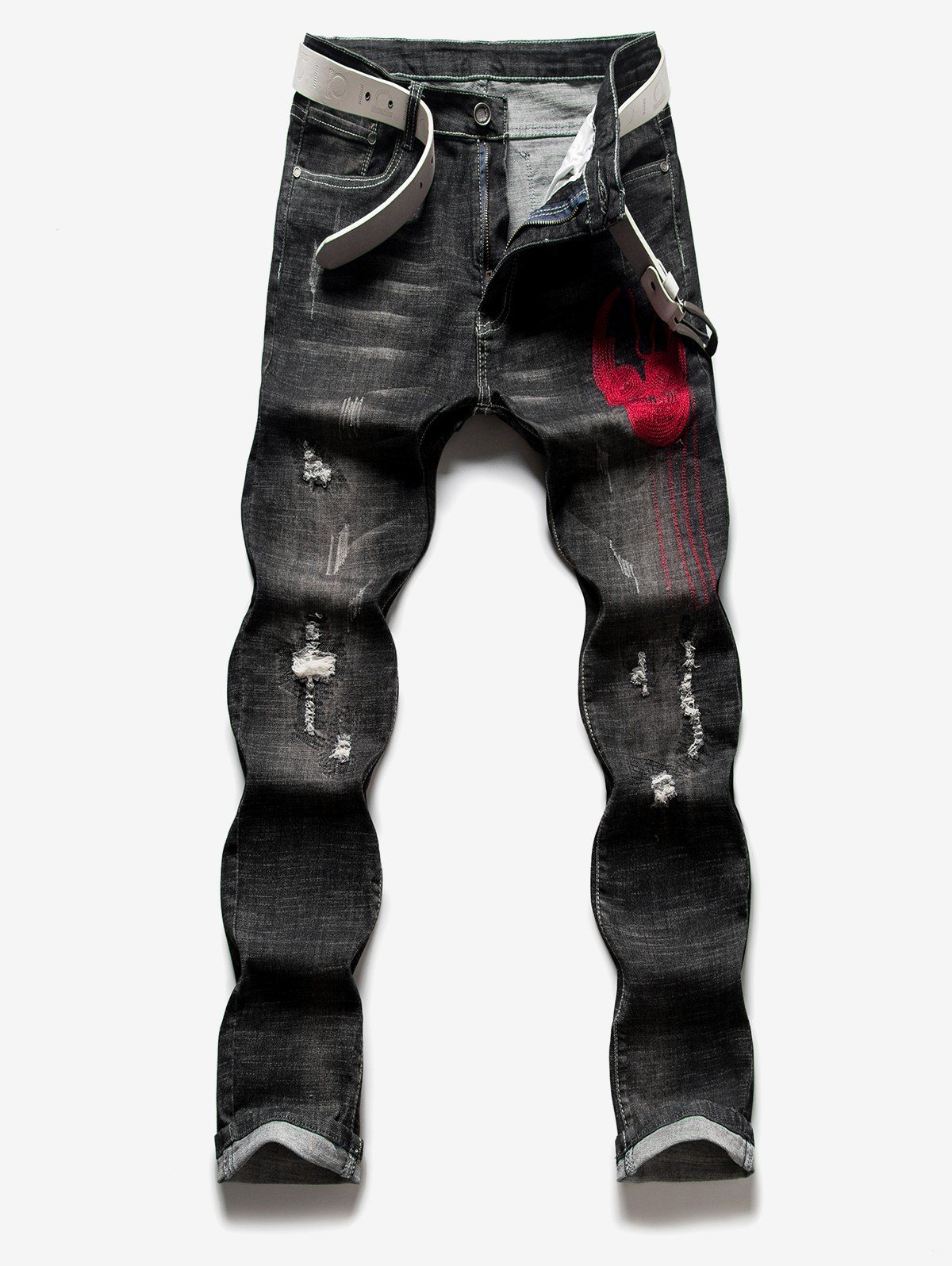 

Embroidery Skull Print Ripped Jeans, Black