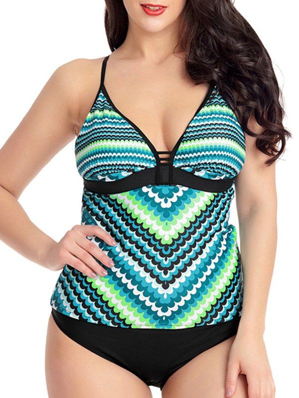 

Wave Print Low Cut Tankini Set, Macaw blue green