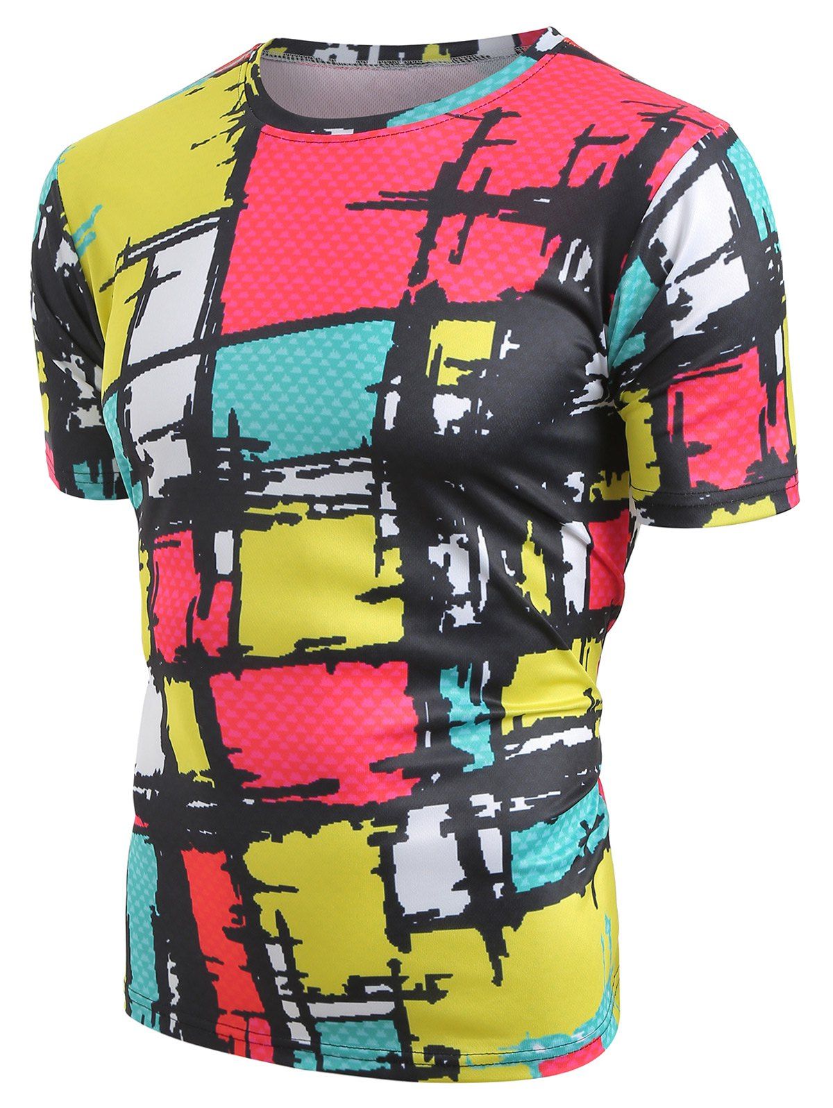 Round Neck Colorful Plaid Print Casual Tshirt