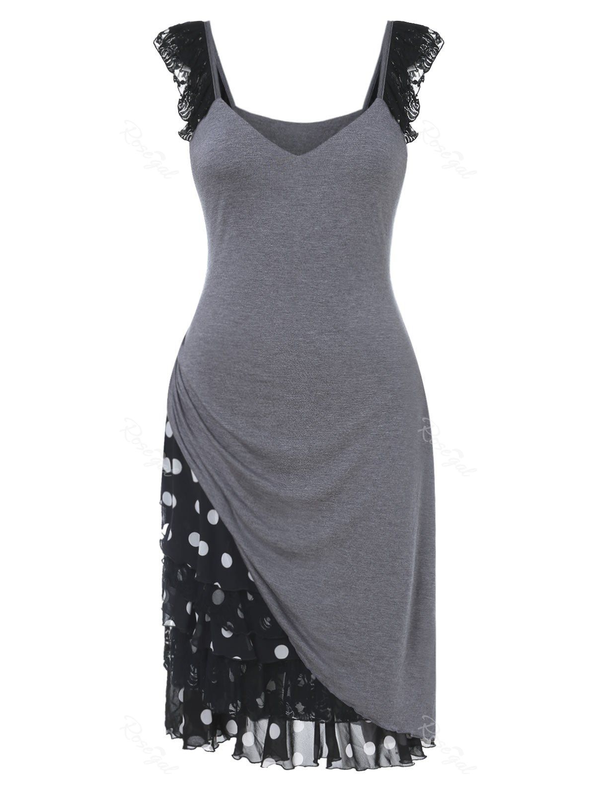 Plus Size Polka Dot Print Lace Panel Dress, Dark gray