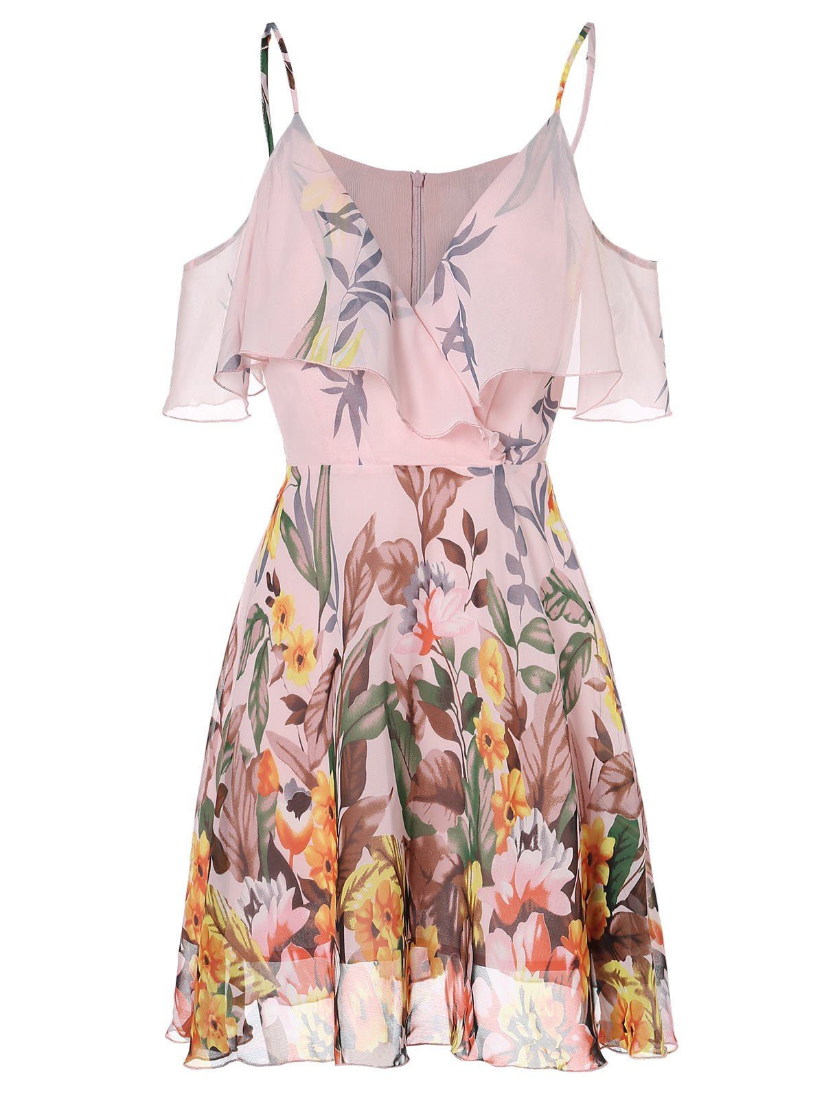 

Spaghetti Strap Open Shoulder Floral Print Dress, Sakura pink