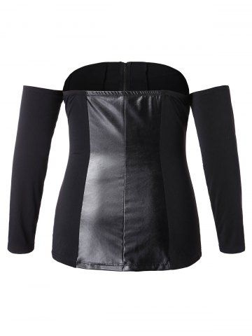 

Plus Size Zip Up PU Spliced Off Shoulder Top, Black